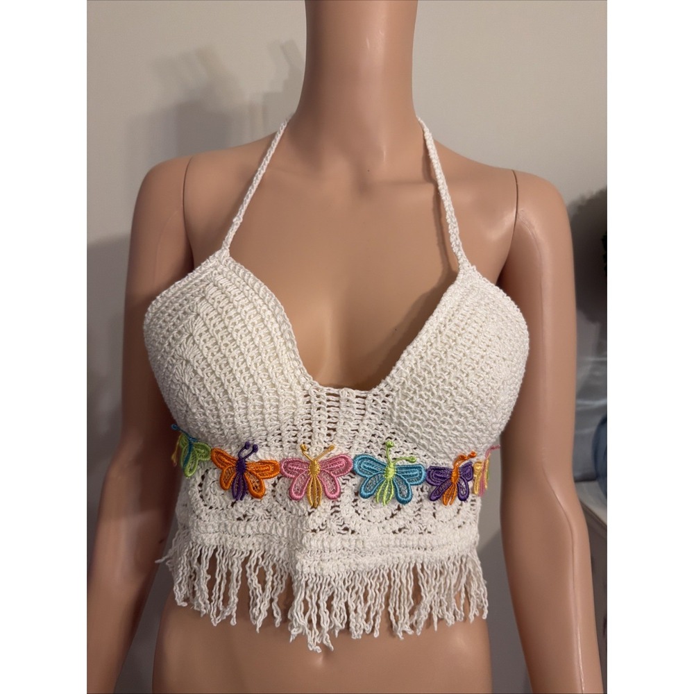 SHEIN‎ Croquet Small White Halter Top With Butterflies